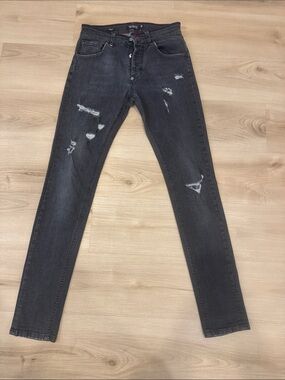 Men’s Sz29 Philipp Plein Black distressed Harlem Jeans Super Straight Cut btnfly